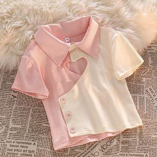 Short-sleeve Two-tone Cut-out Top / Distressed Wide Leg Jeans