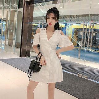 Cold-shoulder Pinstriped Double Breasted A-line Dress