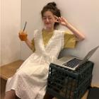 Set: Crew-neck Elbow-sleeve T-shirt Dress + V-neck Pinafore Dress Yellow - One Size
