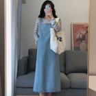 Striped Sweater / Denim Midi A-line Overall Dress / Set
