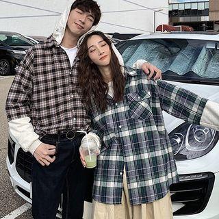 Couple Matching Mock Two-piece Plaid Hooded Shirt