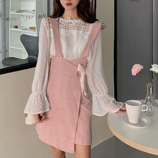 Set: Blouse + Plaid Mini A-line Suspender Skirt