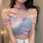 Short-sleeve Off-shoulder Tie-dyed Crop Top Yellow & Pink & Blue - One Size