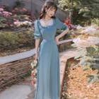 Short-sleeve Frill Trim Mesh Panel Midi A-line Dress