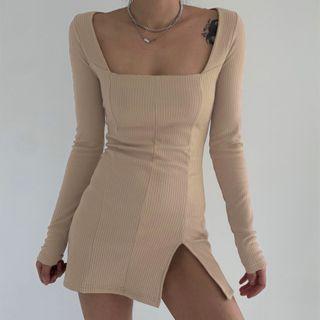 Plain Square-neck Long-sleeve Knit Dress
