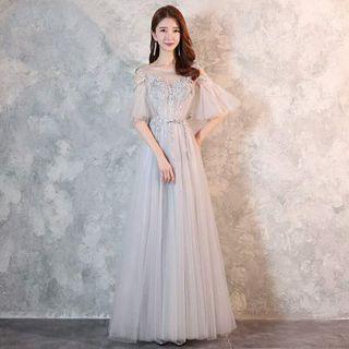 Bell Sleeve Floral Embroidered Mesh A-line Evening Gown