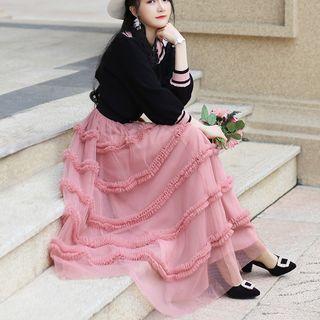 Frill Trim Midi A-line Mesh Skirt