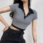 Contrast Collar Ribbed Short Sleeve Crop T-shirt