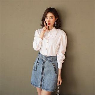 Zip-front A-line Denim Miniskirt With Belt