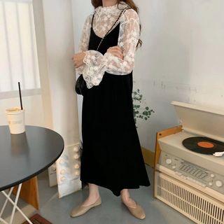 Pleuche Spaghetti Strap Dress / Plain Lace Top