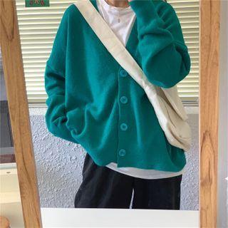 V-neck Plain Loose-fit Cardigan As Figure - One Size