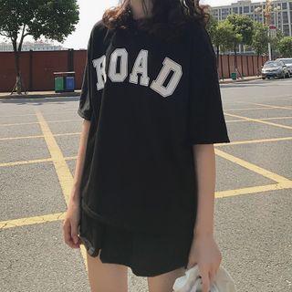 Set: Elbow-sleeve Letter Print T-shirt + Drawstring Shorts