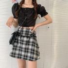 Off-shoulder Ruffled Plain Cropped Top / High-waist Plaid Mini Skirt
