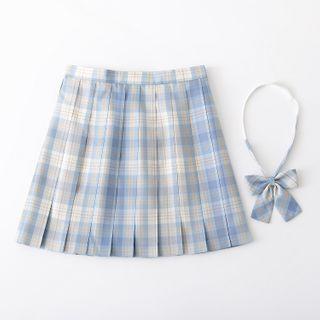 Set: Short-sleeve Plain Shirt + Plaid Pleated Mini A-line Skirt