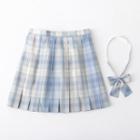 Set: Short-sleeve Plain Shirt + Plaid Pleated Mini A-line Skirt