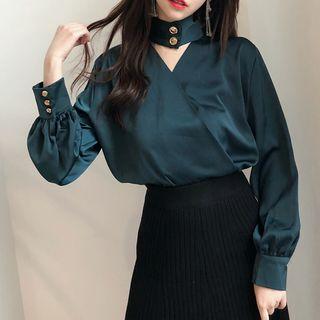 Stand Collar Cut Out Blouse As Shown In Figure - One Size