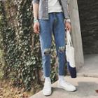 Lettering Ripped Fray Hem Jeans