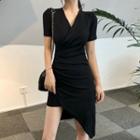 Short-sleeve Asymmetrical Plain Bodycon Dress