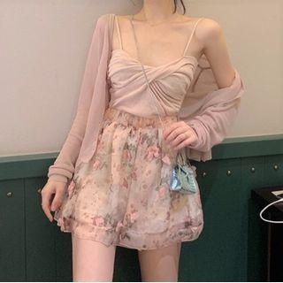 Spaghetti Strap Knit Top / Floral Chiffon A-line Mini Skirt / Cardigan