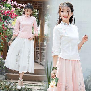 Set: 3/4-sleeve Ruffle Top + A-line Midi Skirt