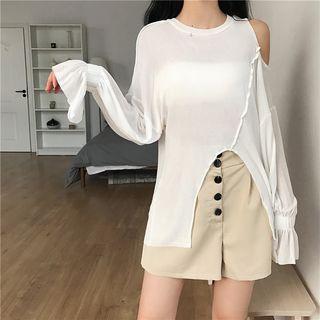 Asymmetric Shoulder Split Hem T-shirt White - One Size