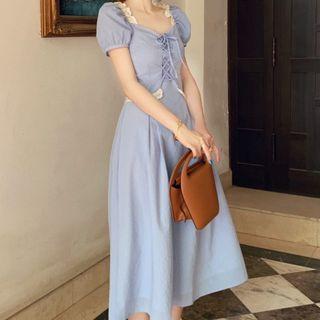 Puff Sleeve Square Neck Lace Trim A-line Dress