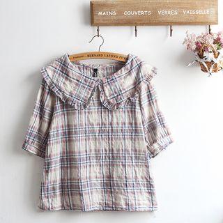 Peter Pan Collar Plaid Short-sleeve Blouse