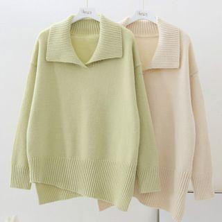 Long-sleeve Lapel Plain Sweater