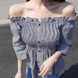 Off-shoulder Smocked Gingham Blouse
