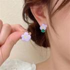 Asymmetrical Flower Stud Earring 1 Pair - Asymmetric - Purple & Green - One Size