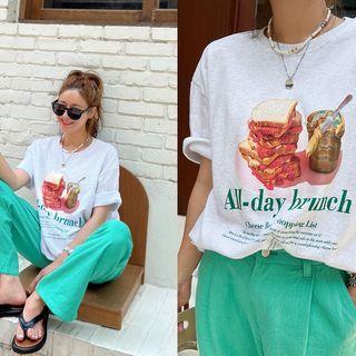 Brunch Illustration M Lange T-shirt Melange White - One Size