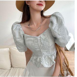 Puff-sleeve V-neck Floral Textured Frill Trim Crop Top