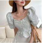 Puff-sleeve V-neck Floral Textured Frill Trim Crop Top