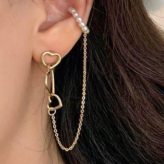 Sterling Silver Hollow Heart Stud Drop Earring With Ear Cuff 1 Pc - Gold - One Size