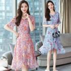 Short-sleeve Ruffle-trim Floral Print A-line Dress
