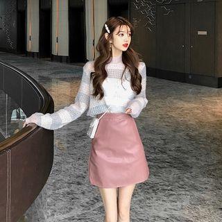 Color-block Crewneck Long-sleeve Sweater / Plain High-waist Faux Leather Skirt