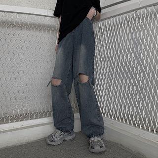 Washed Straight-fit Cutout Jeans