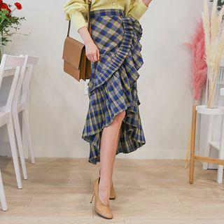 Pleat-trim Plaid Long Wrap Skirt