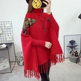 High-neck Embroidered Fringe Sweater
