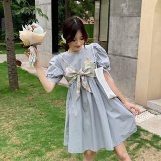 Set: Puff-sleeve Mini A-line Dress + Printed Bow Cropped Camisole Top