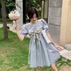 Set: Puff-sleeve Mini A-line Dress + Printed Bow Cropped Camisole Top