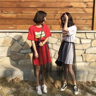 Set : Print Short-sleeve T-shirt + Mesh Midi Skirt