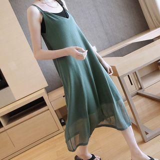 Lace Trim Knit A-line Spaghetti Strap Midi Dress