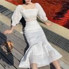 3/4-sleeve Square-neck Top / Midi A-line Skirt