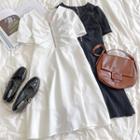 Short-sleeve Plain V-neck Zip A-line Dress