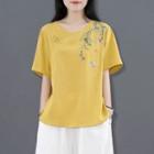 Short-sleeve Floral Embroidered Frog-buttoned Shirt