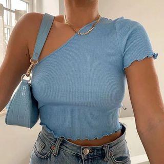 One-shoulder Short Sleeve Ruffled-trim Top