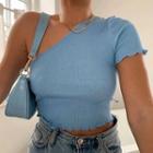 One-shoulder Short Sleeve Ruffled-trim Top