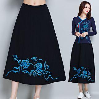 Midi Flower Embroidered A-line Skirt Black - One Size