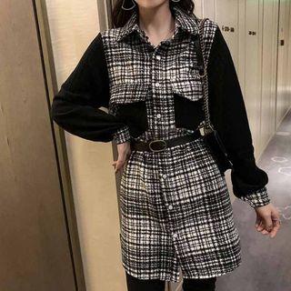 Long-sleeve Plaid Panel Mini A-line Shirt Dress